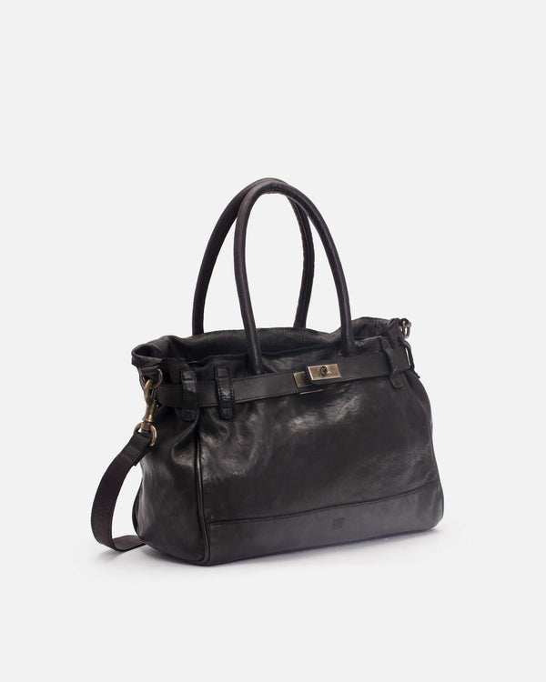 Side view of the Black Blossom Leather Medium Kelly Bag with a handles and shoulder carry strap
