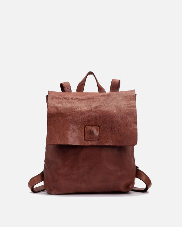 Frontal view of the brown Boston Leather Backpack highlighting its natural grain leather