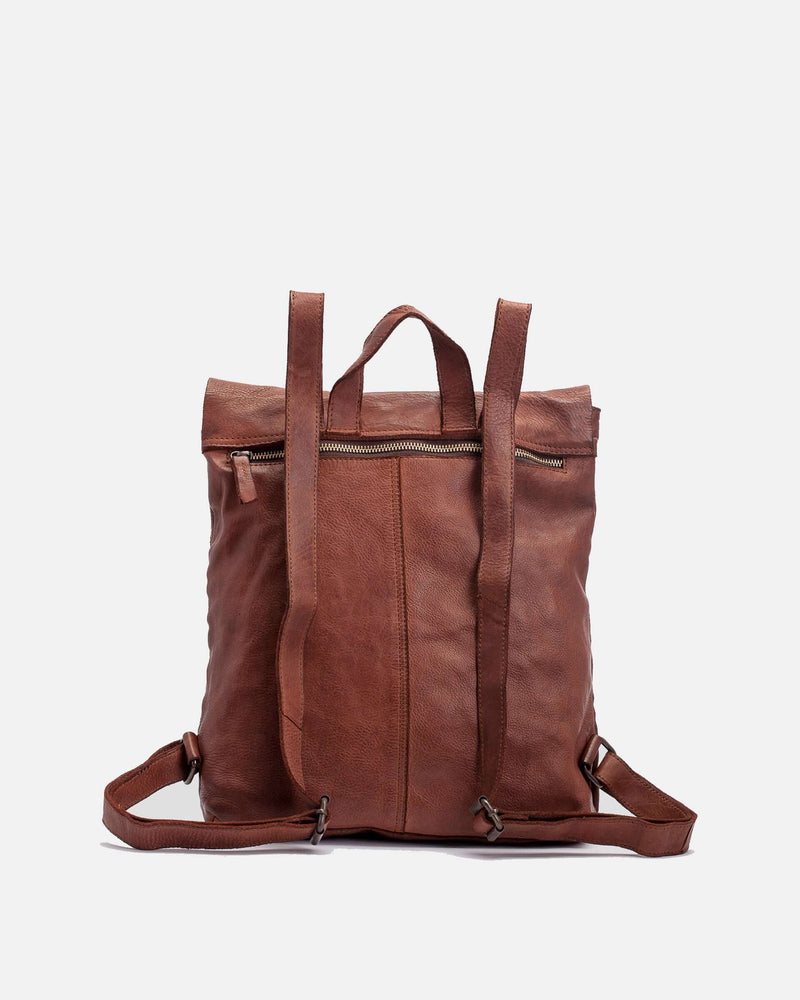 Rear view of the Boston Leather Backpack in tan with a zippered external pocket