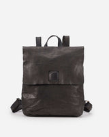 Frontal view of the black version of the Boston Leather Backpack zipper closure with flap 