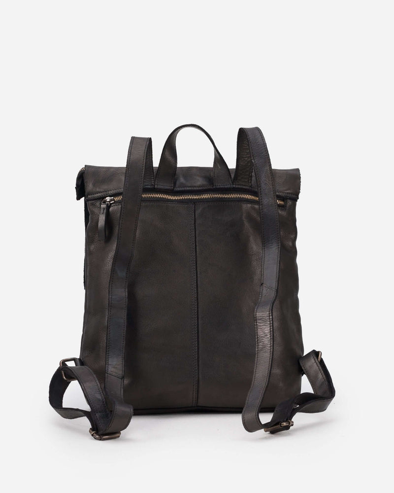 Rear view of the Boston Leather Backpack in black with a zippered external pocket