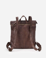 Rear view of the Boston Leather Backpack in brown with a zippered external pocket