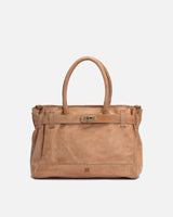 Detailed frontal view of a Tan Blossom Leather Kelly Bag made from genuine leather 