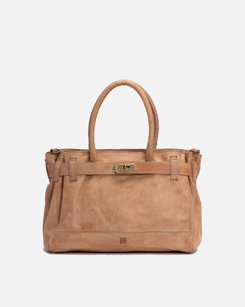 Detailed frontal view of a Tan Blossom Leather Kelly Bag made from genuine leather 
