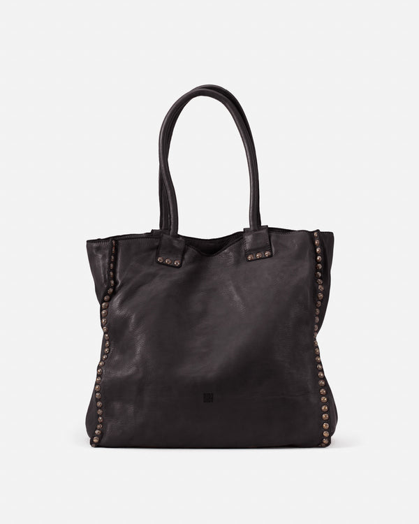 Front view of the large Black Portland Leather Shoulder Bag crafted from genuine bovine leather with studded detailing, shoulder carry and external zippered pocket