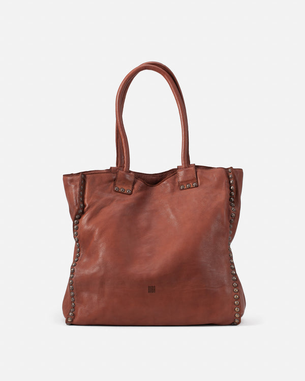 Front view of the large BrownPortland Leather Shoulder Bag crafted from genuine bovine leather with studded detailing, shoulder carry and small branded logo BIBA